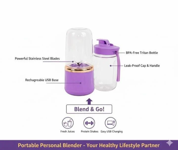 Portable Electric Usb Juice Maker Juicer Bottle Blender Grinder Mixer, Rechargeable 4 Blades